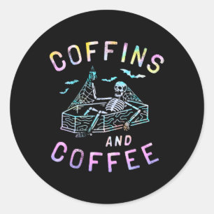 Koffie en grappige Skeleton Tie Dye Retro Hallowee Ronde Sticker
