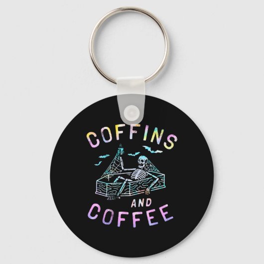 Koffie en grappige Skeleton Tie Dye Retro Hallowee Sleutelhanger (Voorkant)