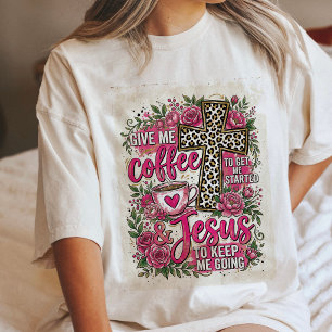 Koffie en Jezus Roze Bloemige Luipaard Kruis Citaa Tri-Blend Shirt