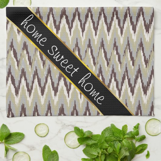 Koffie- en Sage-iKat ZigZag-patroon Theedoek (Gevouwen)