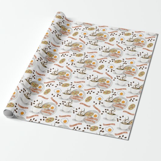 Koffie en Savory Breakfast Bacon | Eieren Patroon Cadeaupapier (Uitgerold)