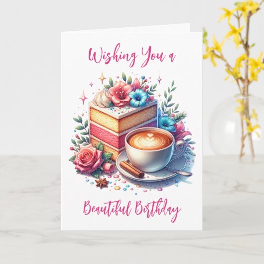 Koffie en taart Verjaardag Kaart (Gele Bloem)