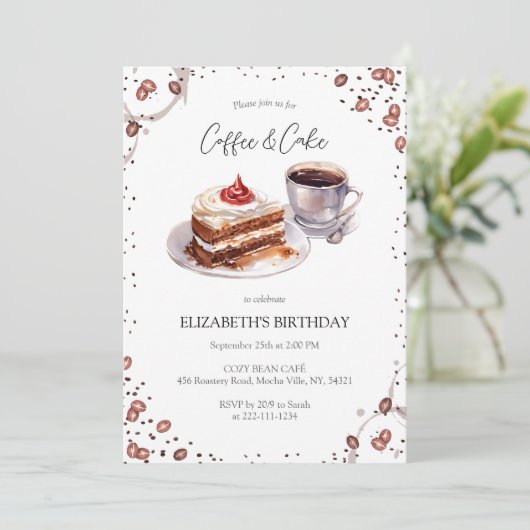 Koffie en taart verjaardagsuitnodiging kaart (Staand voorkant)