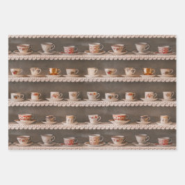 Koffie- en theebekers op een schotel-fotopatroon inpakpapier vel