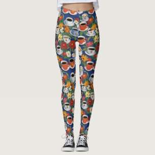 Koffie en theekopjes teaset bloemenblauw leggings