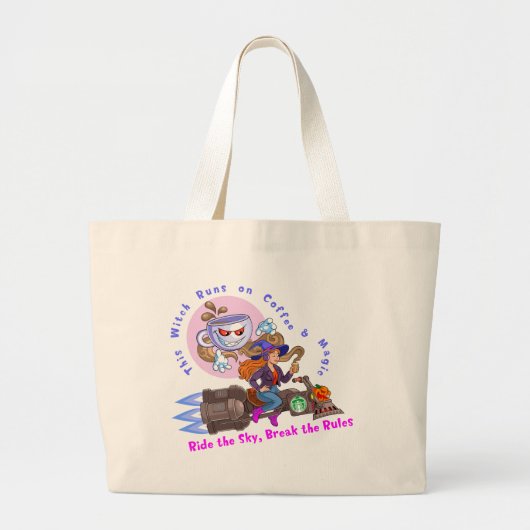 Koffie en toverheks rijder grote tote bag (Voorkant)