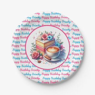 Koffie en verjaardagstaart gepersonaliseerd papieren bordje