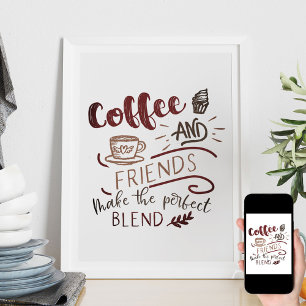 Koffie en Vrienden Bistro Doodle Art Typografie Poster