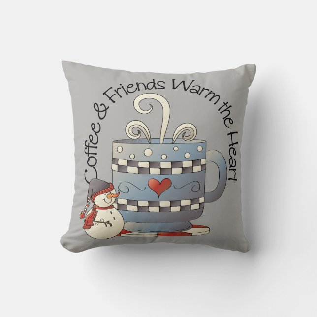 Koffie en vrienden Warm the Heart Snowman Winter Kussen (Voorkant)