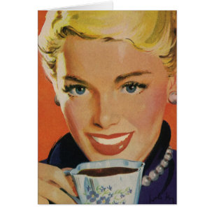 Koffie, Gelukkige Vrouw met Retro Koffiekopje
