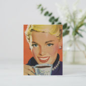 Koffie, Gelukkige Vrouw met Retro Koffiekopje (Staand voorkant)