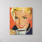  Koffie, Gelukkige Vrouw met Retro Koffiekopje Canvas Afdruk (Voorkant)
