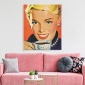  Koffie, Gelukkige Vrouw met Retro Koffiekopje Canvas Afdruk (Insitu (Woonkamer))