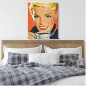  Koffie, Gelukkige Vrouw met Retro Koffiekopje Canvas Afdruk (Insitu (Slaapkamer))