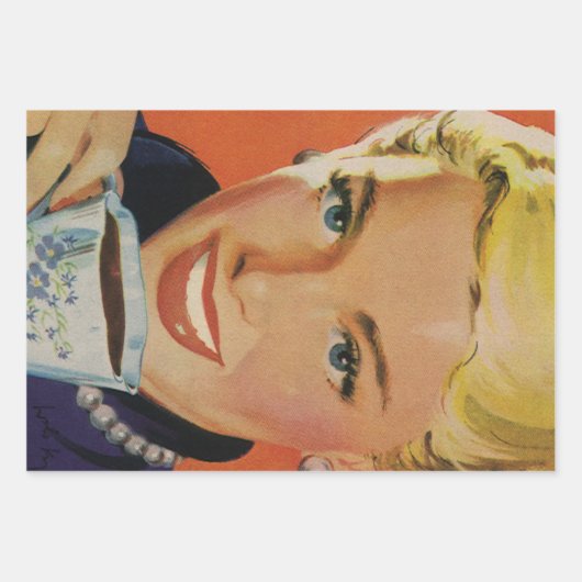  Koffie, Gelukkige Vrouw met Retro Koffiekopje Inpakpapier Vel (Voorkant 2)