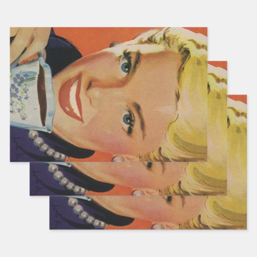  Koffie, Gelukkige Vrouw met Retro Koffiekopje Inpakpapier Vel (Set)