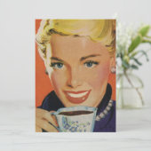 Koffie, Gelukkige Vrouw met Retro Koffiekopje Kaart (Staand voorkant)