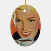  Koffie, Gelukkige Vrouw met Retro Koffiekopje Keramisch Ornament (Voorkant)