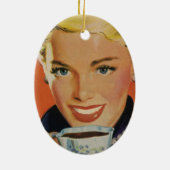 Koffie, Gelukkige Vrouw met Retro Koffiekopje Keramisch Ornament (Achterkant)