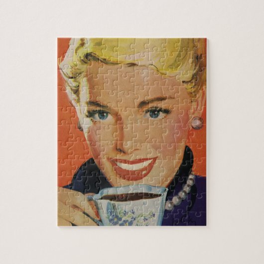  Koffie, Gelukkige Vrouw met Retro Koffiekopje Legpuzzel (Verticaal)