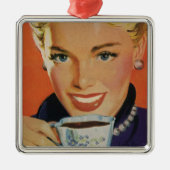  Koffie, Gelukkige Vrouw met Retro Koffiekopje Metalen Ornament (Voorkant)