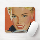  Koffie, Gelukkige Vrouw met Retro Koffiekopje Muismat (Met muis)