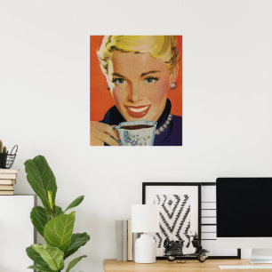  Koffie, Gelukkige Vrouw met Retro Koffiekopje Poster