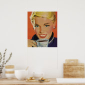  Koffie, Gelukkige Vrouw met Retro Koffiekopje Poster (Keuken)