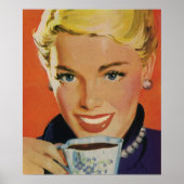  Koffie, Gelukkige Vrouw met Retro Koffiekopje Poster (Voorkant)
