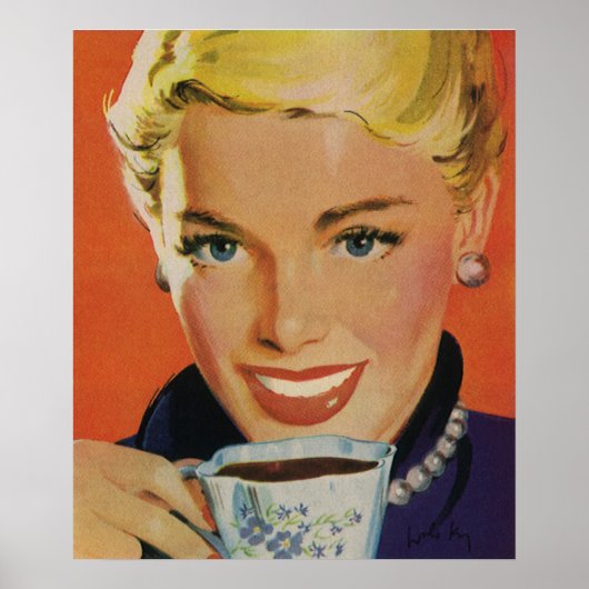 Koffie, Gelukkige Vrouw met Retro Koffiekopje Poster (Voorkant)