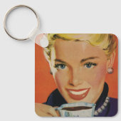 Koffie, Gelukkige Vrouw met Retro Koffiekopje Sleutelhanger (Voorkant)