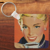  Koffie, Gelukkige Vrouw met Retro Koffiekopje Sleutelhanger (Voorkant)