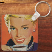  Koffie, Gelukkige Vrouw met Retro Koffiekopje Sleutelhanger (Achterkant)