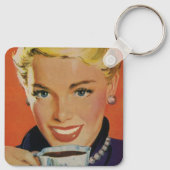  Koffie, Gelukkige Vrouw met Retro Koffiekopje Sleutelhanger (Achterkant)