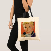 Koffie, Gelukkige Vrouw met Retro Koffiekopje Tote Bag (Voorkant (product))