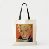 Koffie, Gelukkige Vrouw met Retro Koffiekopje Tote Bag (Voorkant)