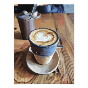 Koffie in blauwe beker op houten tafel foto afdruk