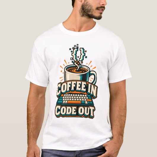 Koffie In Code Uit Retro Programmeur T-shirt (Voorkant)