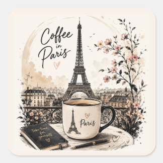 Koffie in Parijs Eiffeltoren Mok Kunst – Elegante Vierkante Sticker