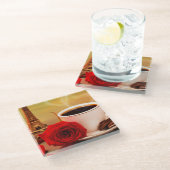 Koffie in Parijs met Red Rose Glazen Onderzetter (Schuin)