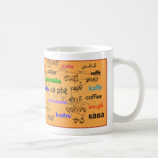 Koffie, in veel talen, met achtergrond koffiemok