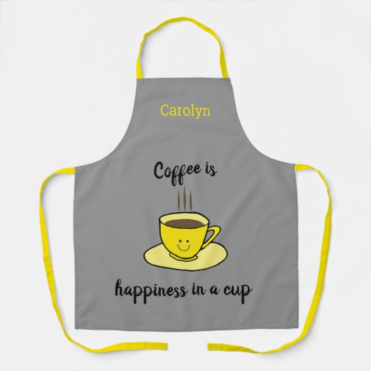 Koffie is geluk in een kopje, geel, gepersonalisee schort (Voorkant)