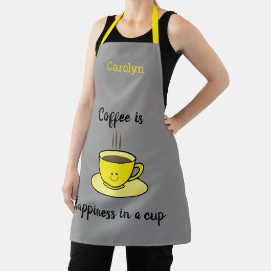 Koffie is geluk in een kopje, geel, gepersonalisee schort (Insitu)