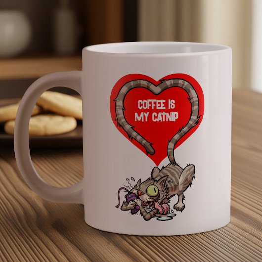 Koffie is mijn catnip Funny Obsessed Cat Cartoon Grote Koffiekop