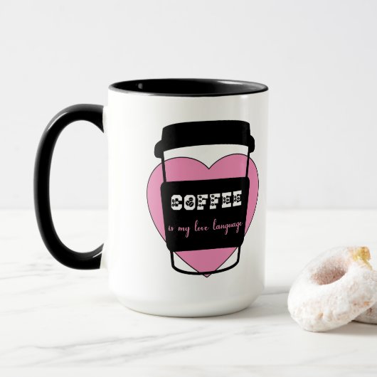 Koffie is mijn liefdestaal grappige roze hart teks mok (Met donut)