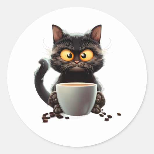 Koffie Kat Cartoon Kleurrijk Ronde Sticker (Voorkant)