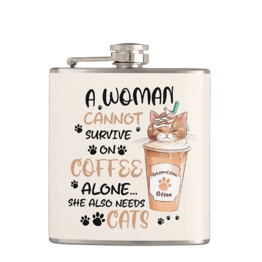 Koffie & Katten – Schattigee Kawaii kunst Heupfles (Voorkant)