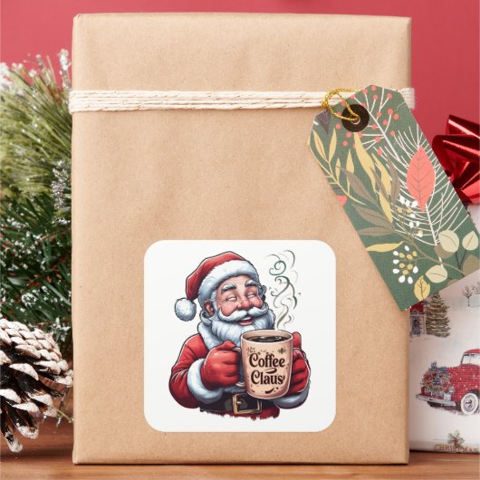 Koffie Kerstman Lachende Kerstman Stoomende Mok Vierkante Sticker (Feestdagen)