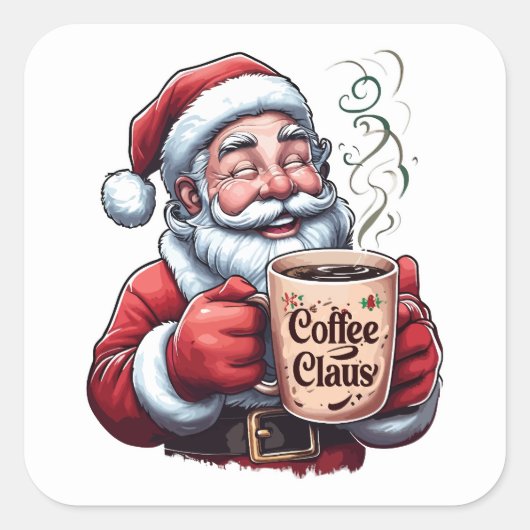 Koffie Kerstman Lachende Kerstman Stoomende Mok Vierkante Sticker (Voorkant)