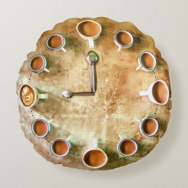 Koffie kopje koffie tijd klok rustiek bruin rond kussen (Voorkant)
